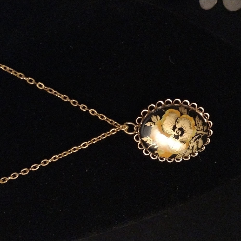 Vintage Gold Tone Black W/ Orange & Gold Flower Necklace/ Brooch